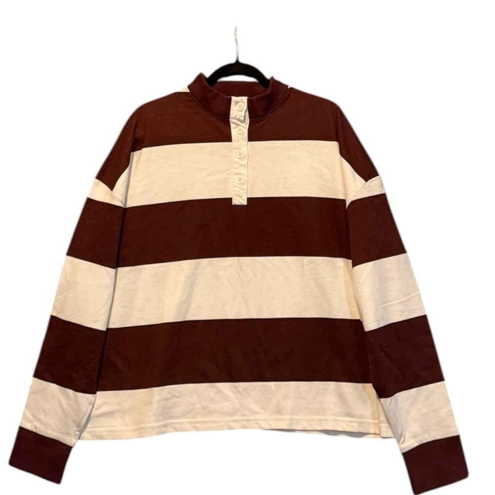 Antigua Crop Striped Rugby Shirt XL Burgundy White Boxy Long Sleeve Pullover